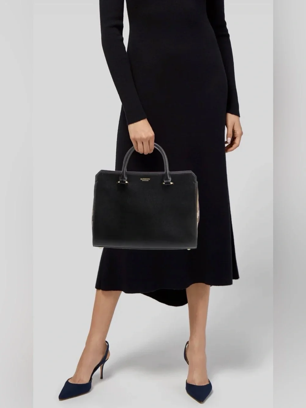 BURBERRY Calfskin Mega Check Medium Banwell Tote Black